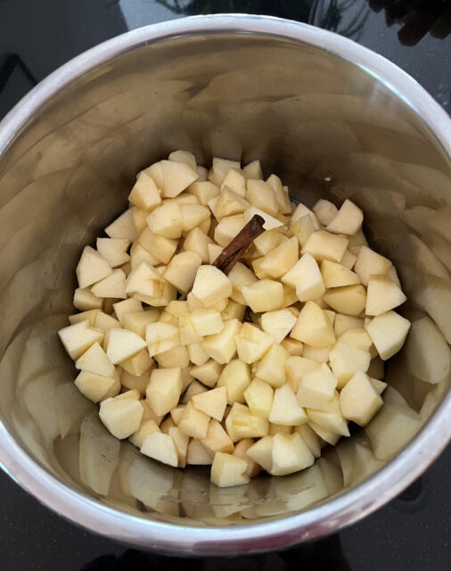 りんご、シナモンスティック、レモン汁、水を鍋に入れたところ