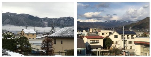 Winter view of Enzan, Yamanashi (left) Sunny view from host family’s home (right)