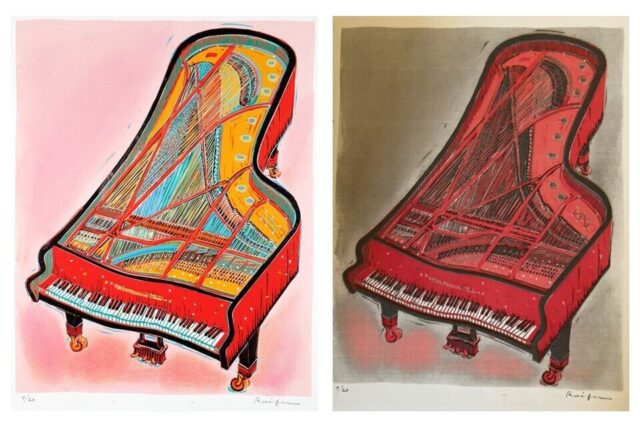 廣田雷風「裸のピアノ」。オリジナル版画（左）と立体コピー化したもの（右）