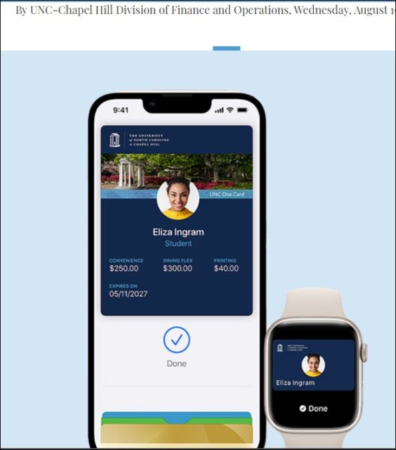 UNCのデジタル学生証　www.unc.edu/posts/2023/08/16/one-card-goes-mobile/